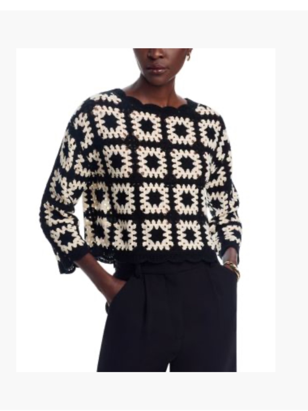 Sioni Black and Cream Crochet-Pattern Cropped Sweater-l